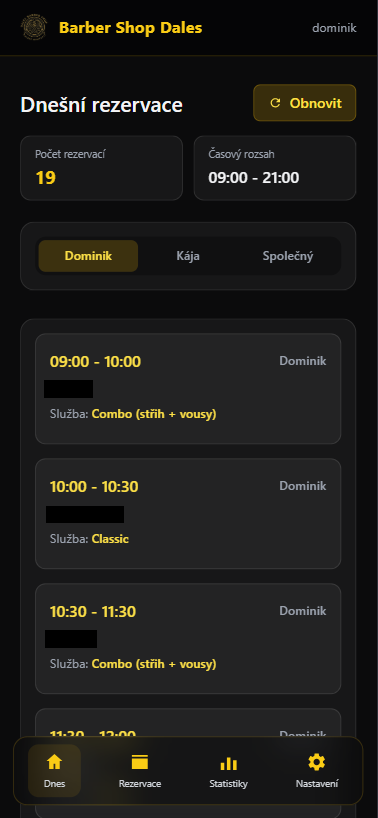 Seznam rezervací s filtrací