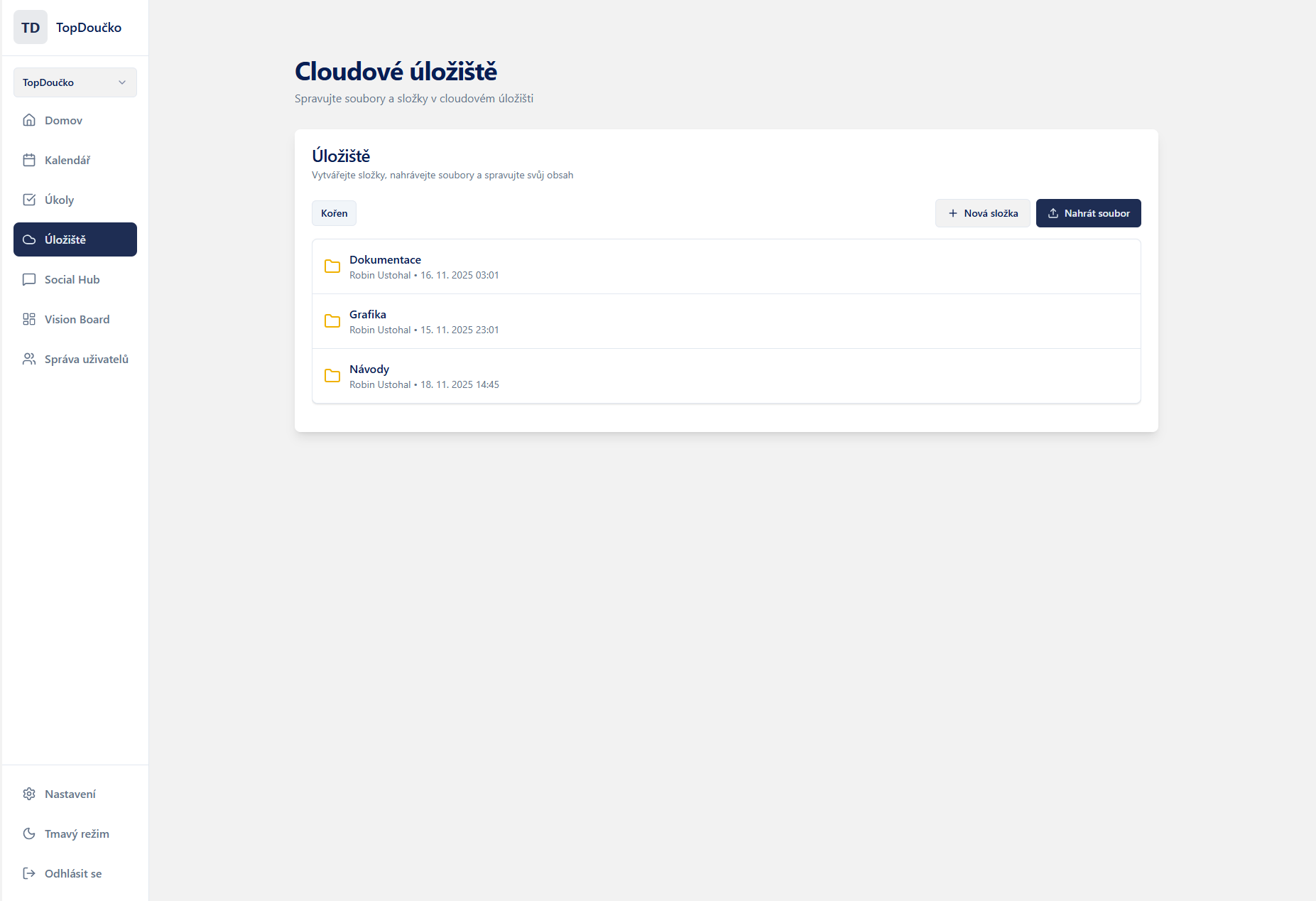 Dashboard - cloud storage a kalendář