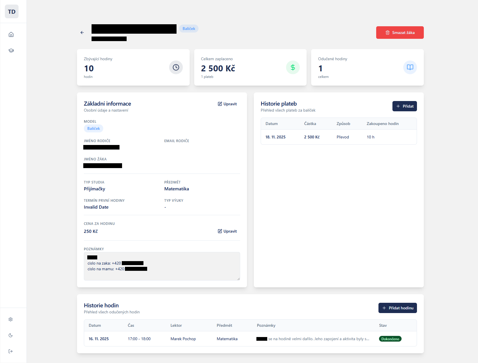 Dashboard - správa žáků
